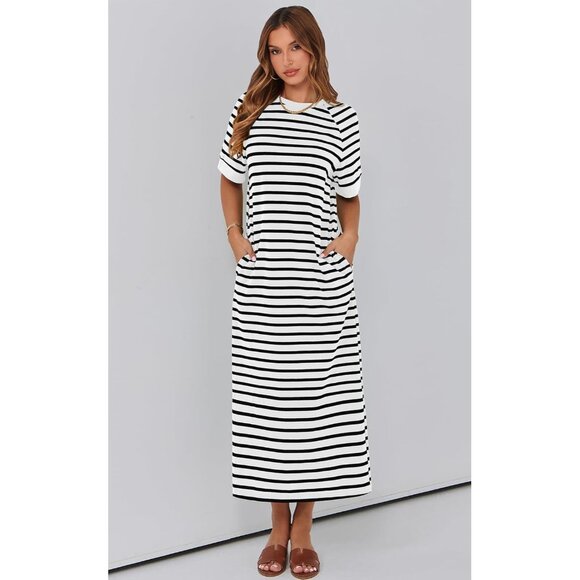Women's Summer Cotton-Polyester Striped Maxi Dress with Pockets and Slit - Picture 8 of 8
